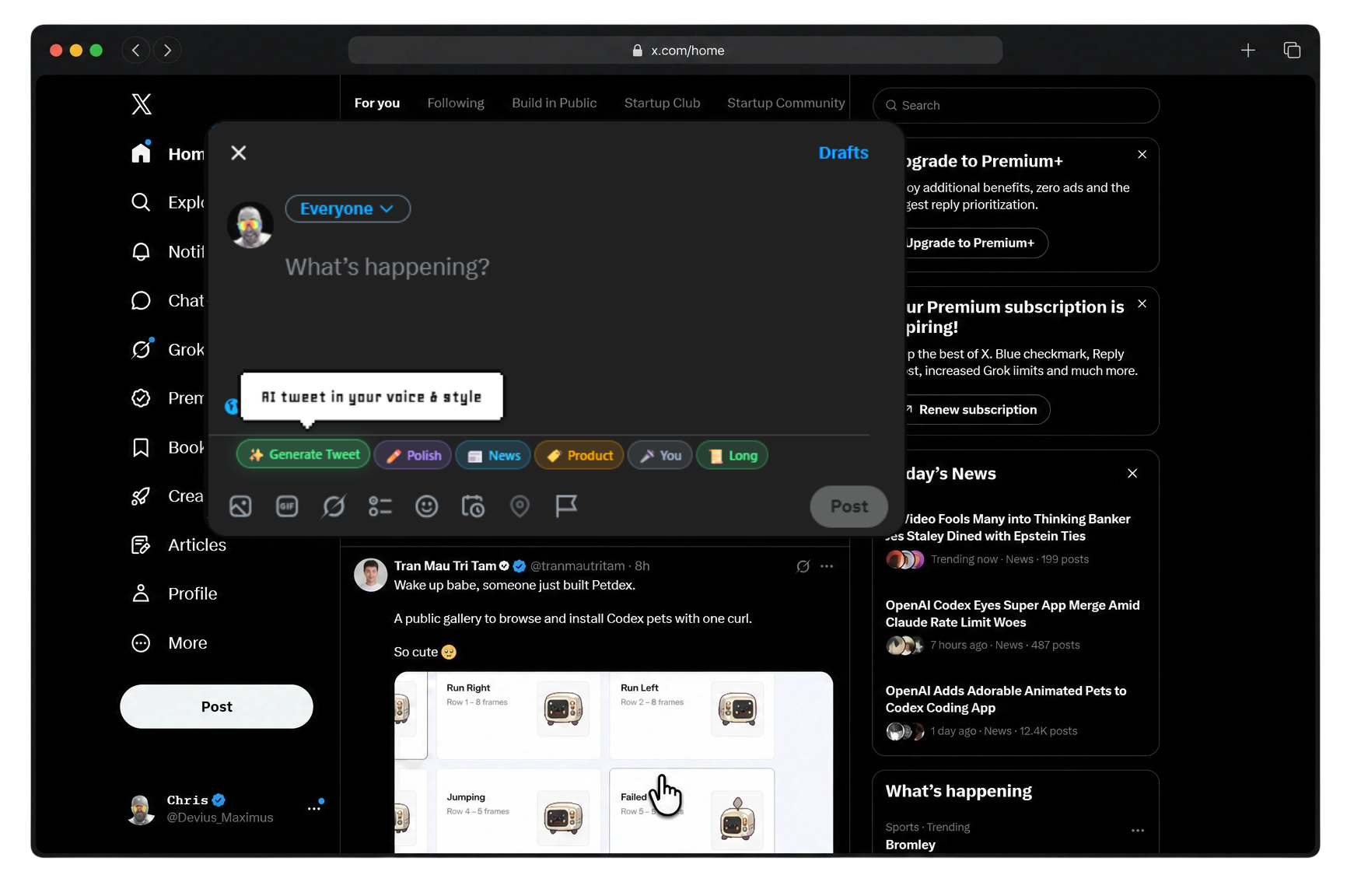 Ghosti AI tweet writer Chrome extension running inside X — Generate, Polish, News, Product, and Reply buttons added to the compose box